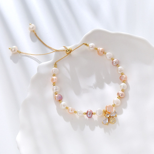 Baroque Aberrant Freshwater Pearl Micro-set Zirconia Small Honeybee Bracelet Instagram Fashion Minimalist Korean Style Fashion Accessory