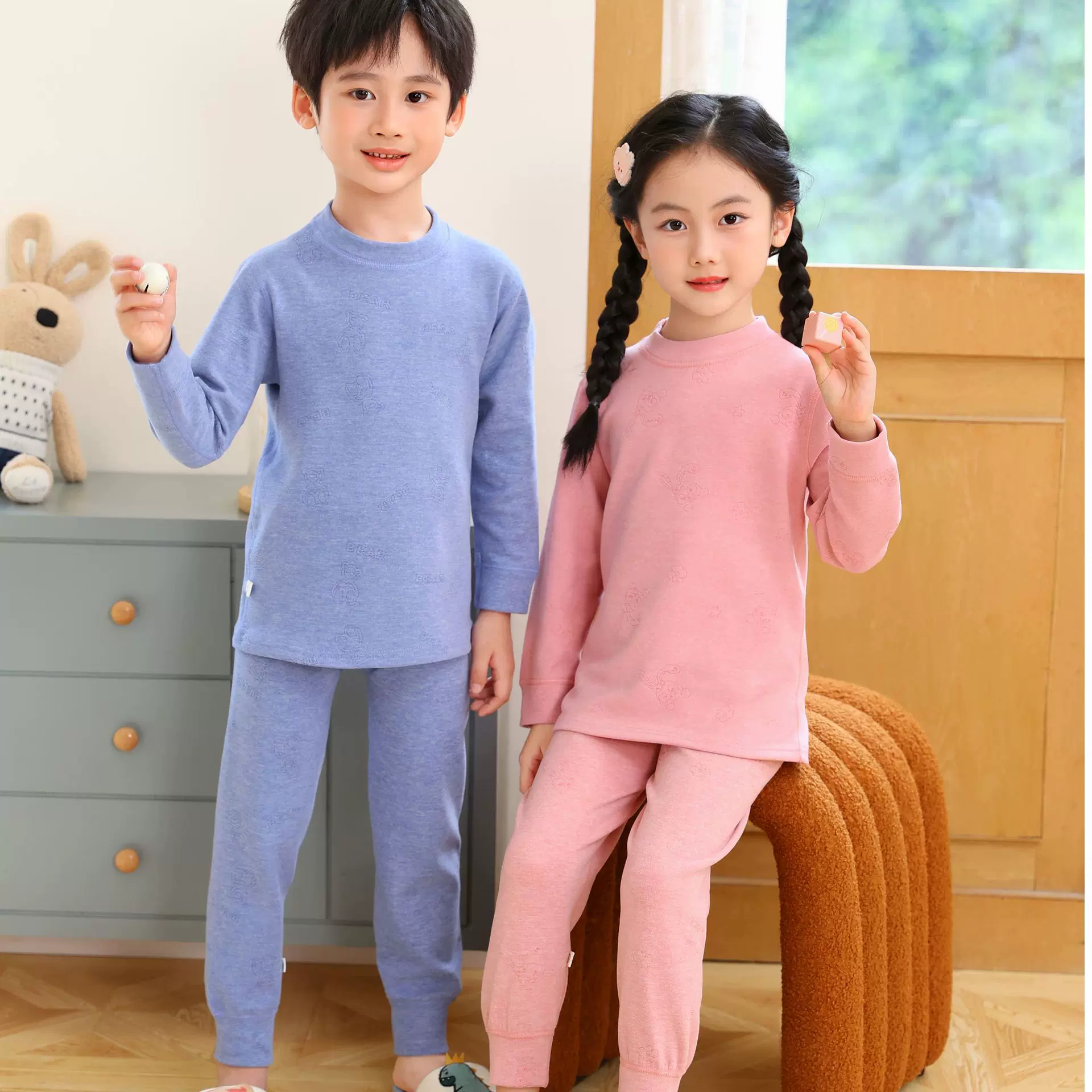 秋冬新款儿童家居服蚕丝羊绒男童女童秋衣秋裤中大童保暖内衣套装