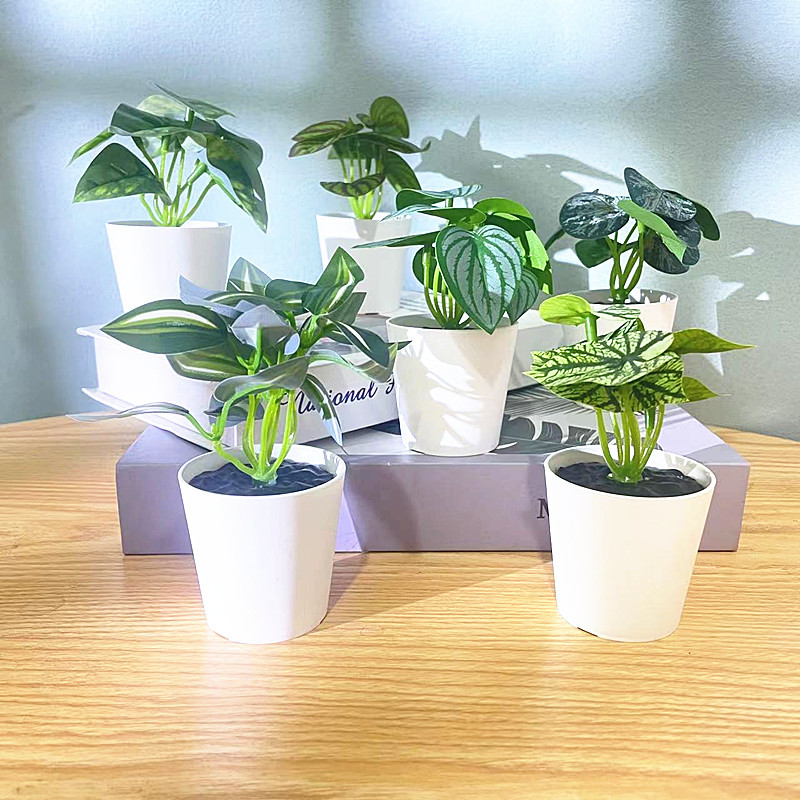 现货迷你仿真盆栽跨境桌面礼品Pu铜钱草绿植假花人造盆龟背竹绿萝