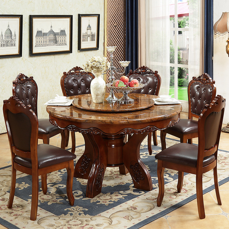 欧式餐桌椅组合圆形大理石餐桌1.2米小户型实木圆桌带转盘8/10人|ru