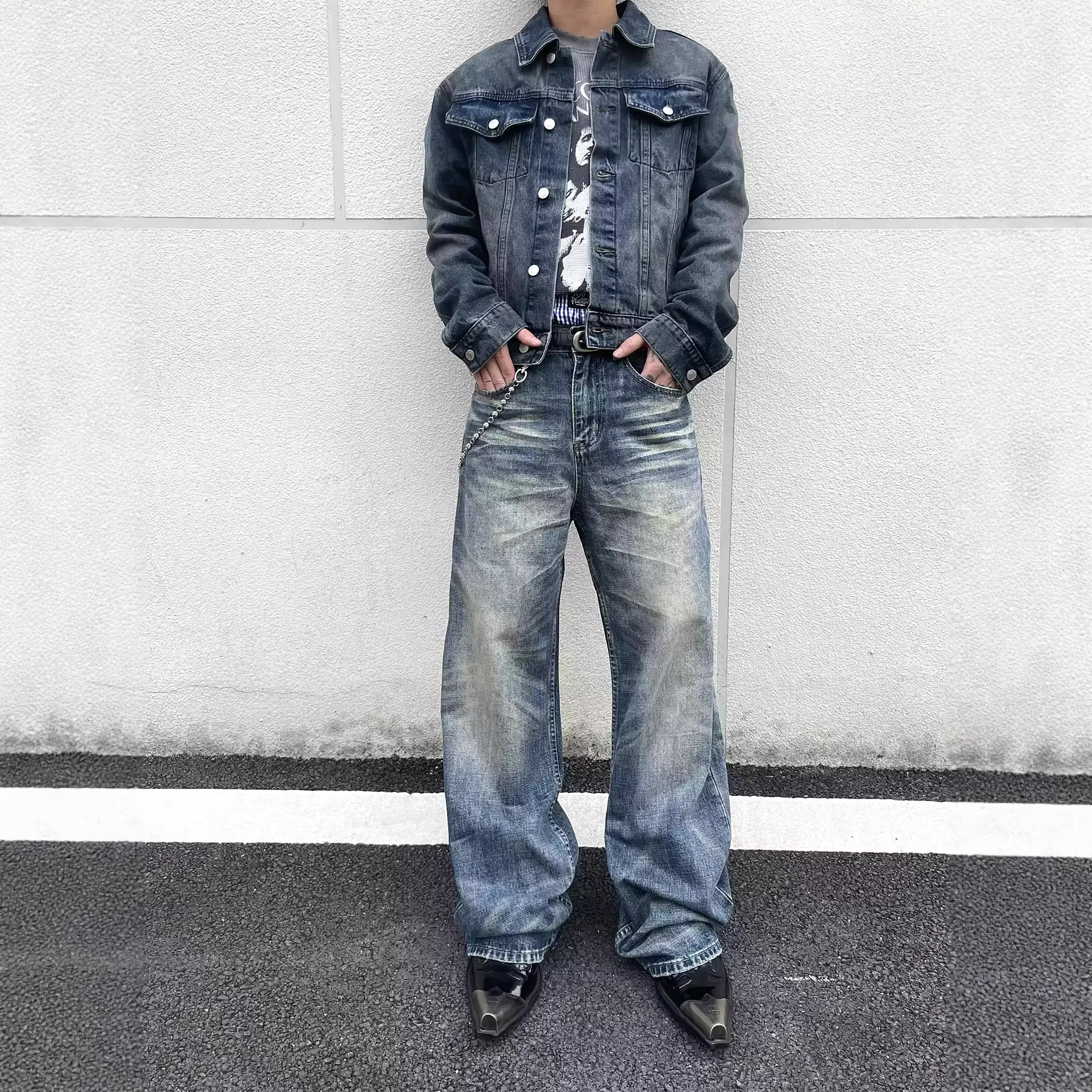 Vintage Washed Distressed Whiskered Baggy Jeans High Street Style Casual Loose Fitting Straight Leg Jeans_mkmklike.com