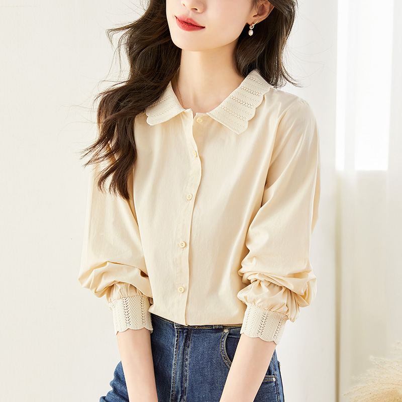 French-Style Apricot Color Skin-Brightening Lace Collar Shirt for Women, Long-Sleeved 2026 Spring Cotton Shirt
