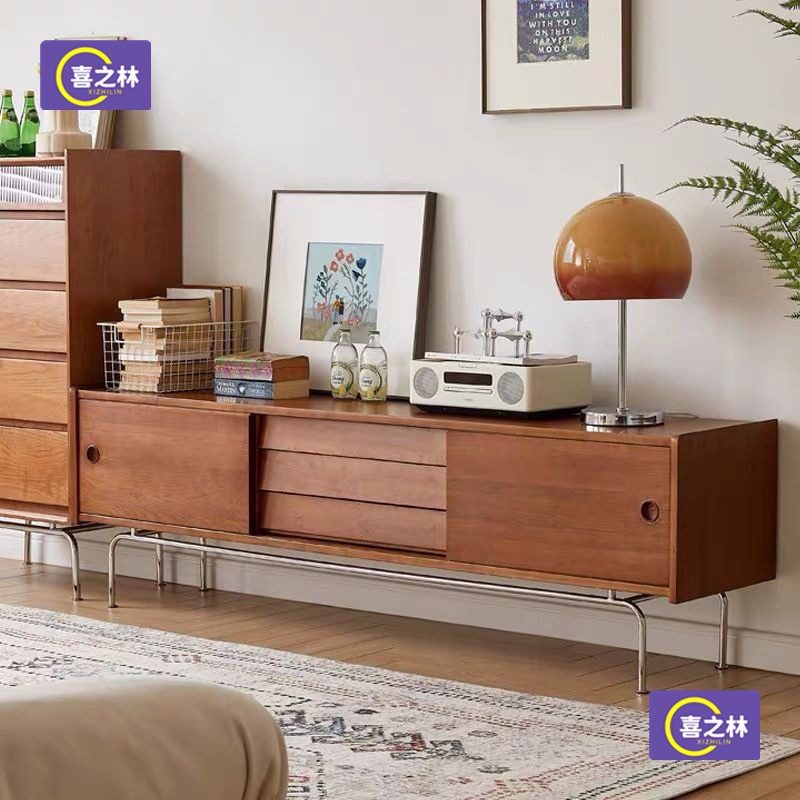 Small Apartment Living Room Floor Cabinet Simple Combination Cabinet Sliding Door Tv New Japanese Style Solid Wood Second-Hand Tv Cabinet Nordic