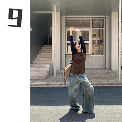 [9hour]美式复古泥黄染弯刀牛仔裤女 2025秋季宽松垂感阔腿裤2318