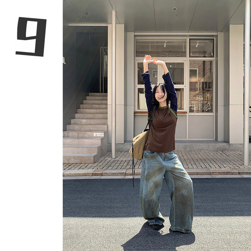 [9Hour] American Retro Mud Yellow Dyed Scimitar Jeans for Women 2025 Autum Loose Draped Wide Leg Pants 2318