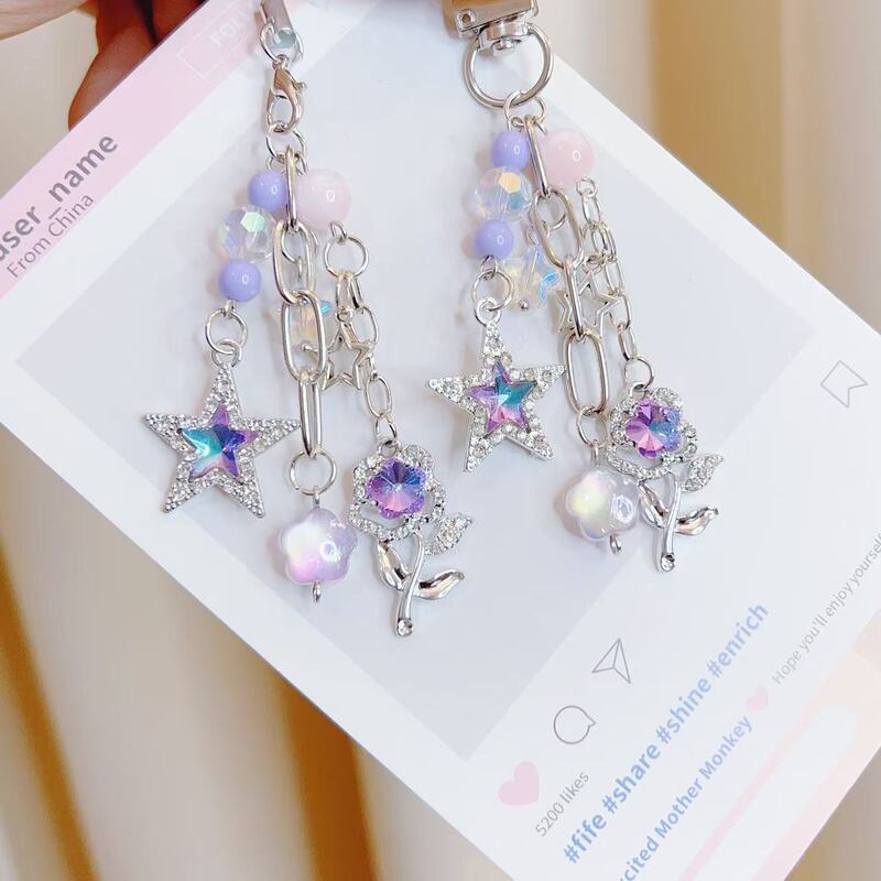 Original New Design Purple Diamond Rose Bag Charm with Five-Pointed Star Phone Chain, Keychain, Card Holder Chain, Bag Pendant, Crystal Ornament Original New Design Purple Diamond Rose Bag Charm with Five-Pointed Star Phone Chain, Keychain, Card Holder Chain, Bag Pendant, Crystal Ornament