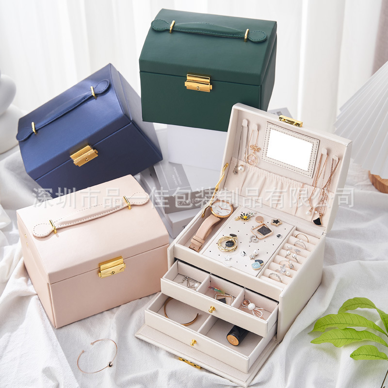 现货三层抽屉式珠宝首饰盒大容量耳环收纳饰品盒耳饰项链收纳盒