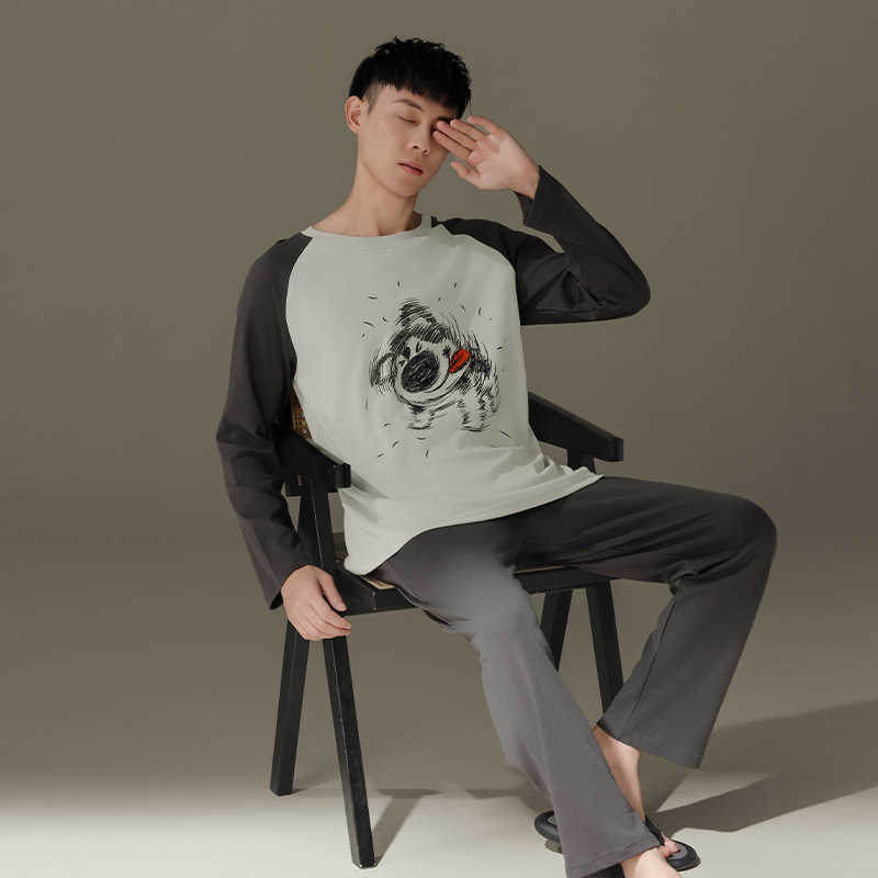 Chunke pijamas para hombre con cuello redondo, traje de primavera y otoño, servicio a domicilio informal, pijamas para hombre, traje de otoño para uso exterior