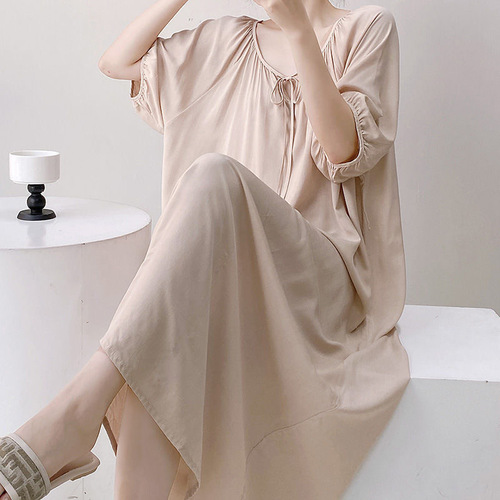 2025 Cotton Satin Nightgown Women's French Long Dress Casual Round Neck Wearable Homecoming Breathable Comfortable Chinese Style Lazy Wind