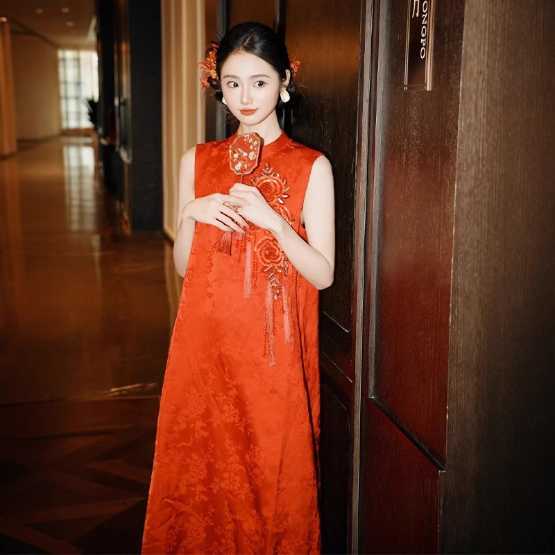 New Chinese-Style Retro Red Cheongsam Engagement Dress 2026 New Bride Morning Gown Dress Toast Dress