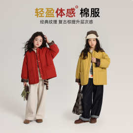 布丁哈鲁儿童棉袄2025冬新款女童撞色翻领棉服外套简约复古风上衣