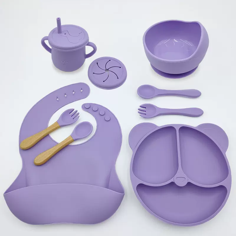 儿童硅胶餐具套装3分格小熊餐盘吸管杯宝宝辅食碗勺母婴喂养套装