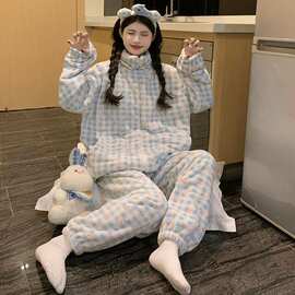 珊瑚绒睡衣女秋冬季甜美ins风爆款拉链家居服可外穿羊毛有吊牌