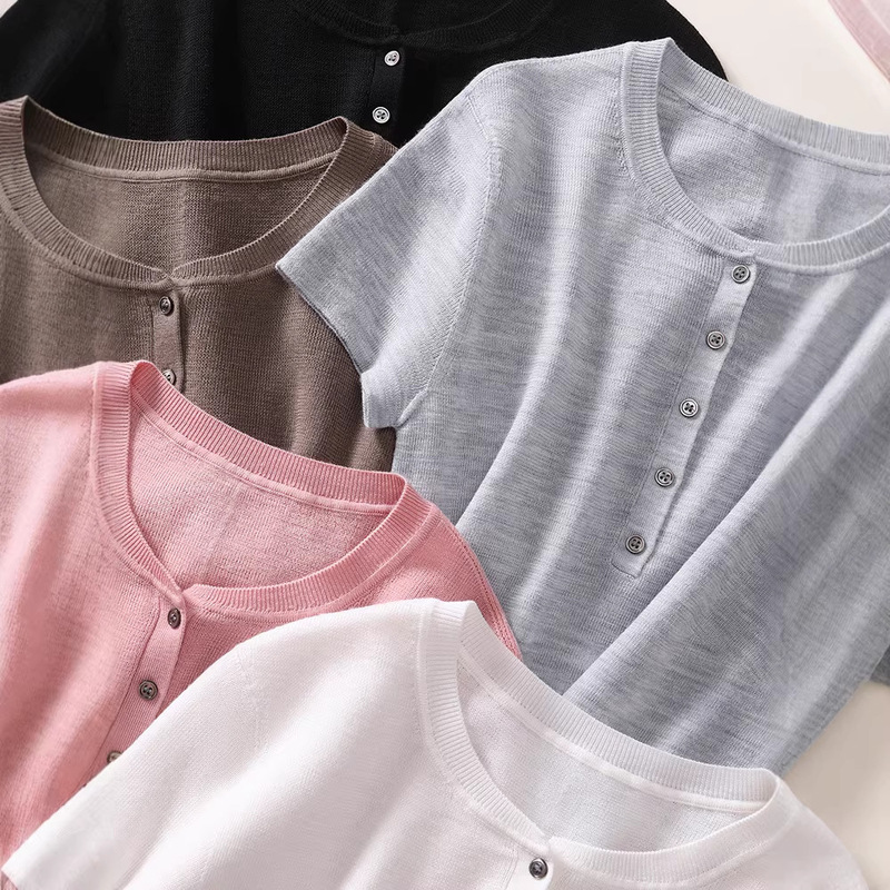 2026 Spring/Summer New 100 Yangtze Yarn Merino Wool Round Neck Short Sleeve Half-Henley Knit T-Shirt for Women