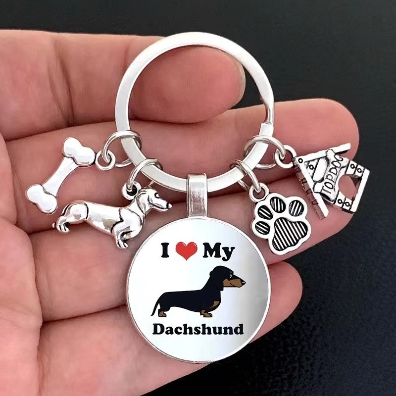 Hot Selling Dachshund Dog Bone Dog House Time Gem Keychain Handmade Pet Dog Time Gem Keychain