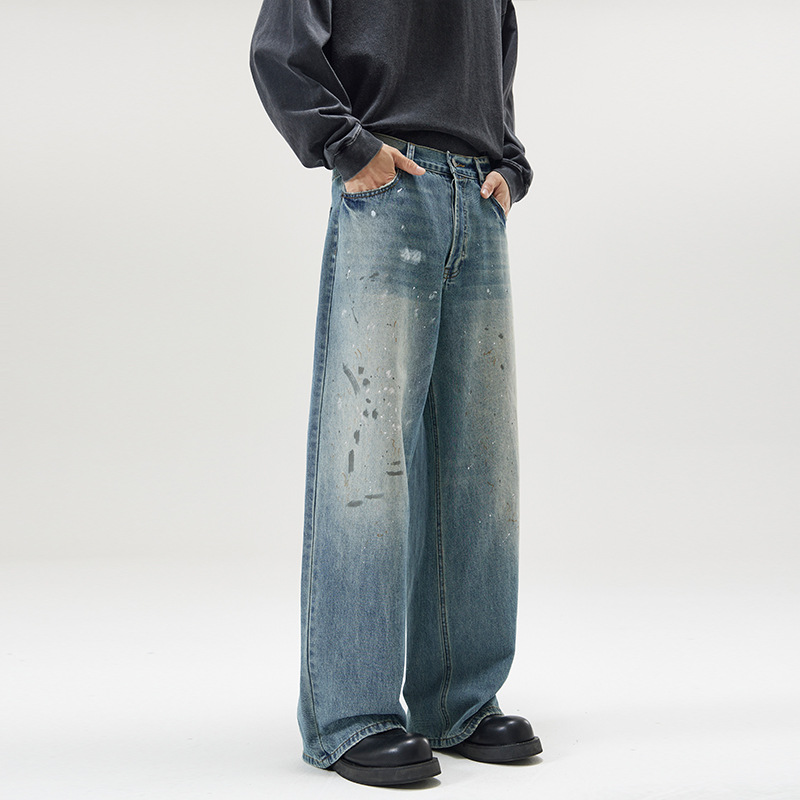 Retro tinta impresa jeans de lavado viejo suelto hombre cautiva estilo americano de otoño pantalones rectos de calle alta