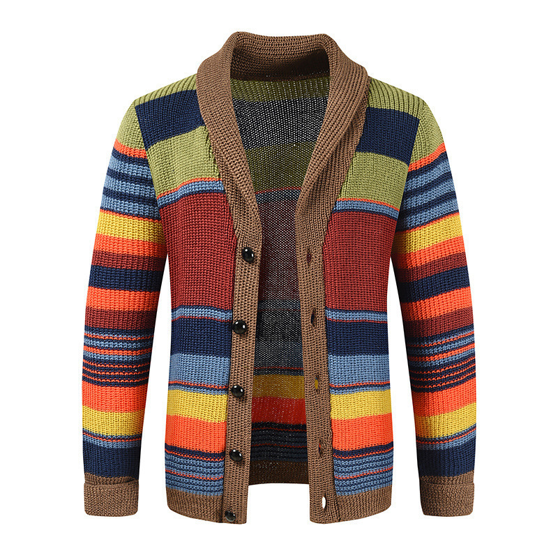 Men's Rainbow Sweater Aliexpress New European and American Sweater Jacket Autumn and Winter Lapel Color Block Knitted Cardigan Ready in Stock