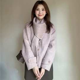 羊绒大衣女短款秋冬新款设计感夹棉围巾领洋气百搭毛呢外套特大码