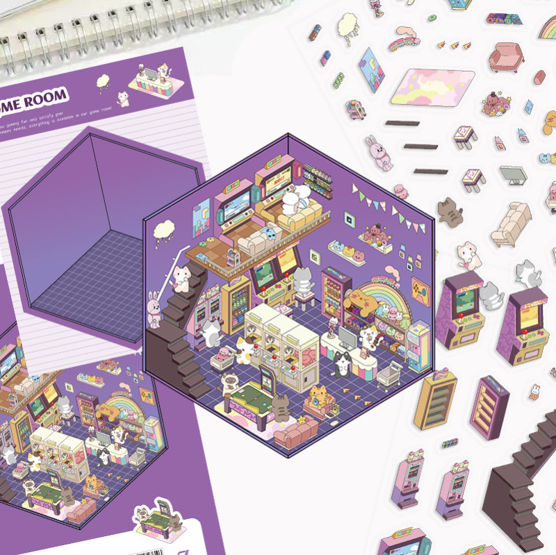 漫画造園ステッカー、さまざまなミニチュア世界 3D キャビン、リトルレッドブック減圧 DIY シーンハンドブックステッカー卸売 PET|undefined