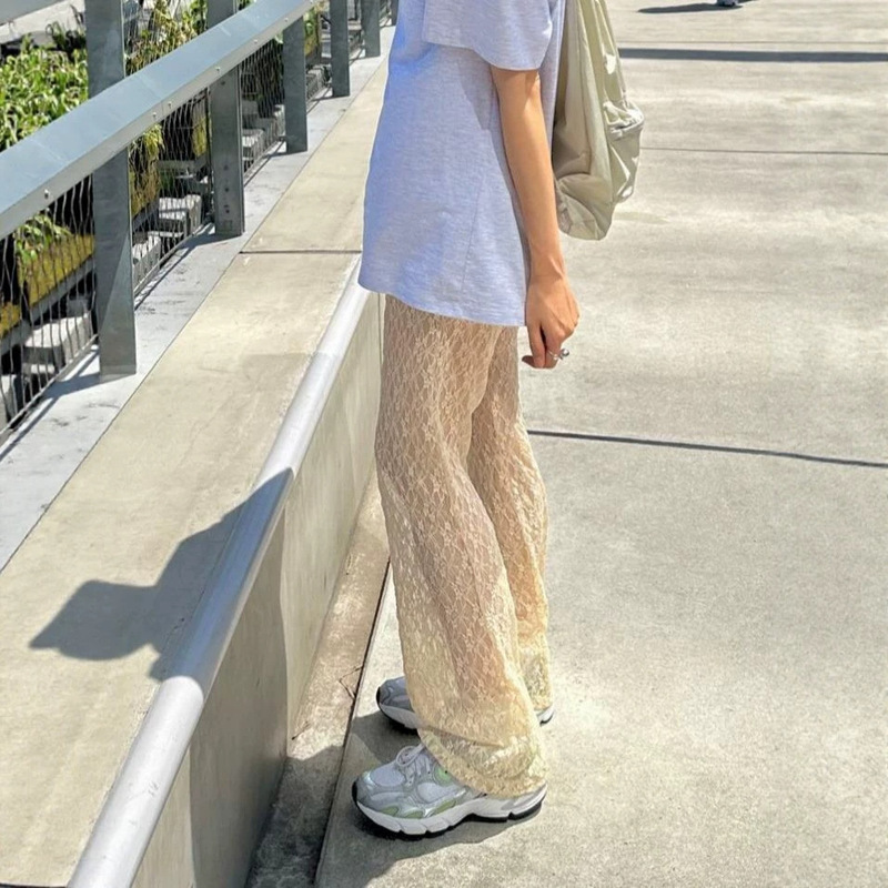 Japanese-Style Sweet Lace Mesh Flared Long Pants with Lining Shorts~ Korean Style Solid Color Summer Japanese-Style Sweet Lace Mesh Flared Long Pants with Lining Shorts~ Korean Style Solid Color Summer