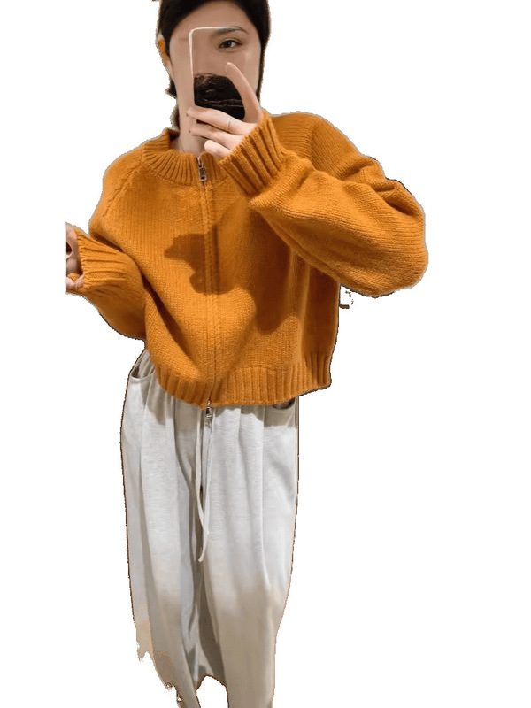 小柄な小さい丸首のファスナーのキャンディー色のニットのカーディガンの女性の秋冬の新型はやせている気質のセーターのコートを現します。|undefined