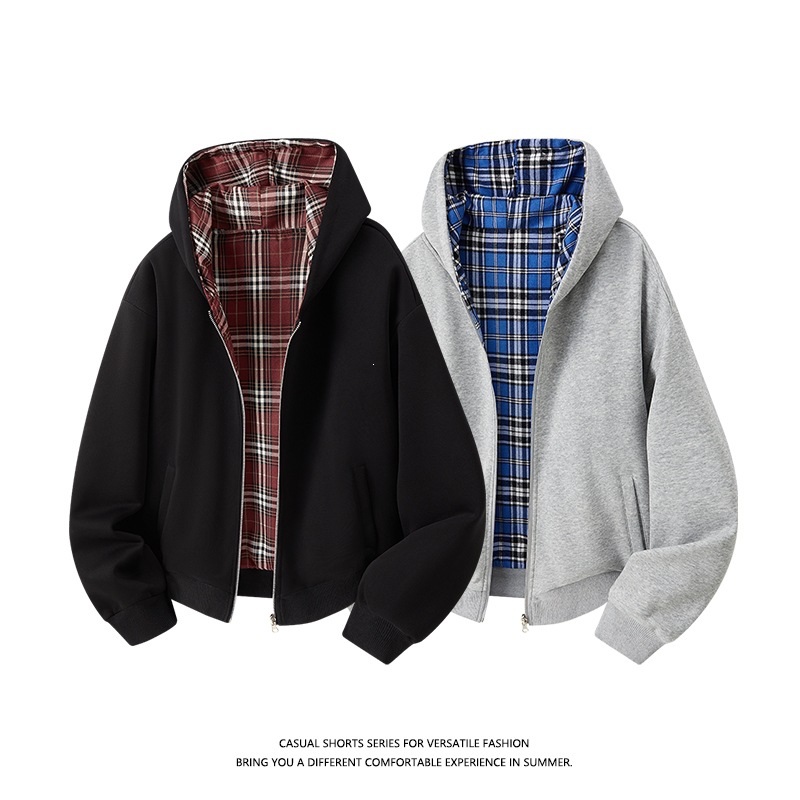 Youxu 2025 Autumn American Style Reversible Hoodie Jacket with Plaid Patchwork and Hood for Men and Women