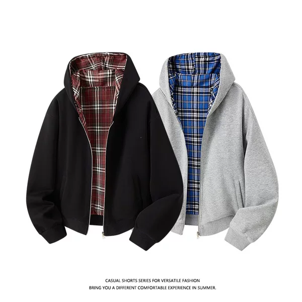 Youxu 2025 Autumn American Style Reversible Hoodie Jacket with Plaid Patchwork and Hood for Men and Women