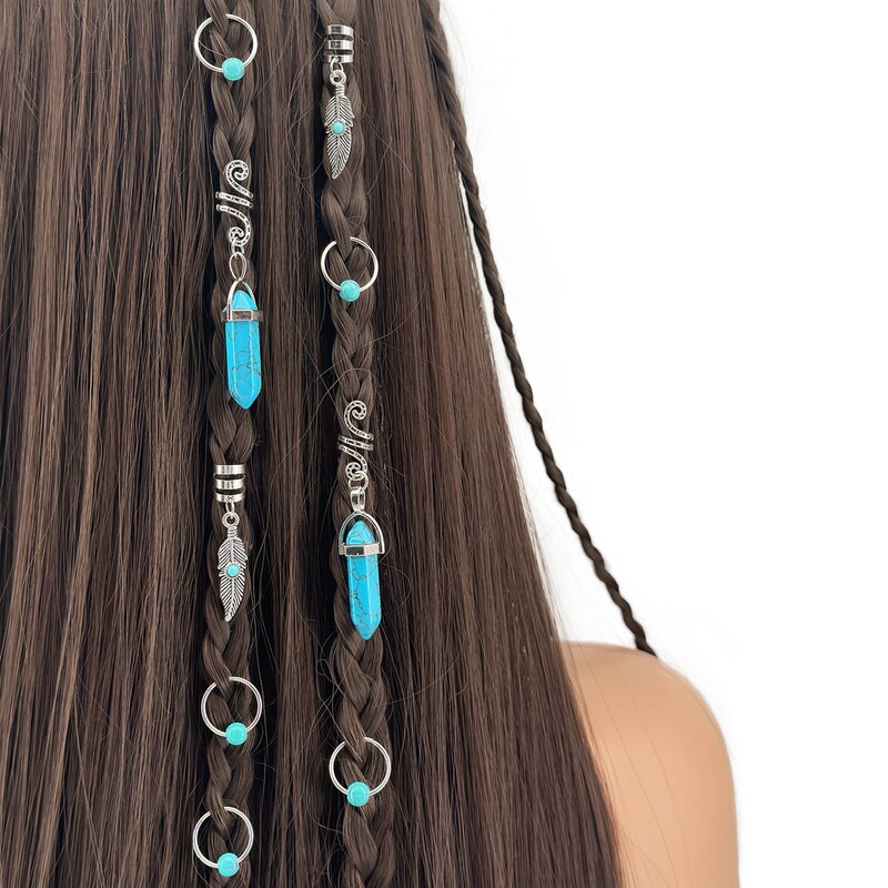 Ancient Silver Hair Ring Combination New Blue Totem Turquoise Gemstone Crystal Alloy Hair Accessories Set