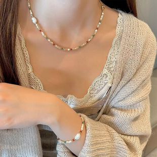 Natural Freshwater Mother-Of-Pearl Beaded Necklace Women's Summer Color Necklace High-End Clavicle Chain Accessories