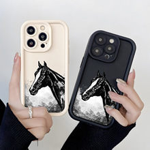 阶梯高竹适用于iPhone 15 ProMax磨砂防滑硅胶手机壳创意黑白骏马