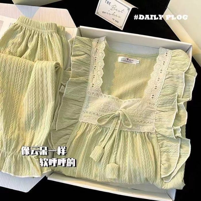 Pijamas de otoño al por mayor transfronterizos mujeres 2025 nuevo algodón de mangas largas dulce princesa viento se puede usar fuera conjunto de ropa de casa