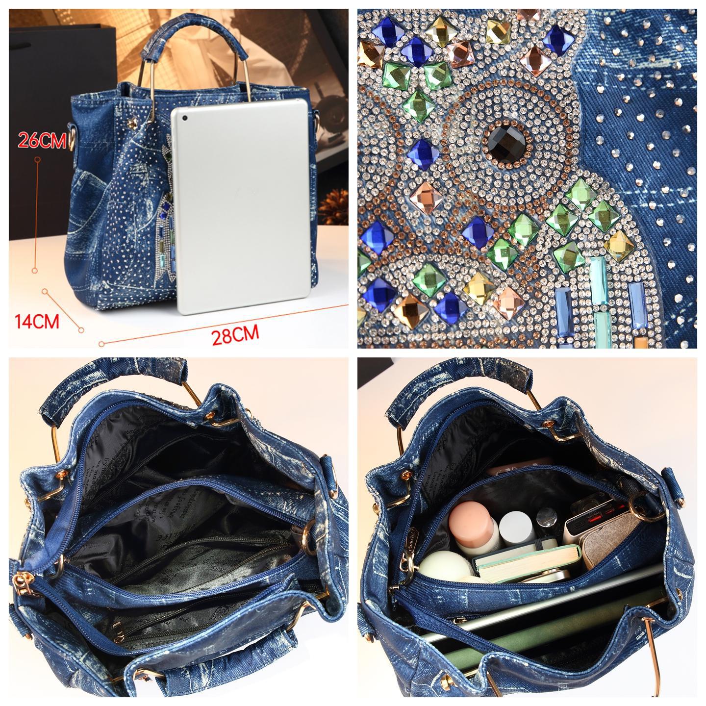 Túi tote denim phong cách punk đeo chéo cỡ lớn — Cao bồi xanh