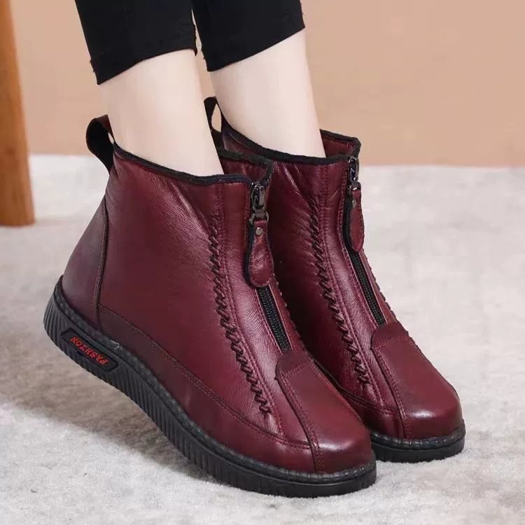 Зимние женские сапоги из хлопка с высоким берцем, кожаные сапоги для матерей среднего и пожилого возраста, утепленные теплые сапоги на флисовой подкладке, женские сапоги на полиуретановой подошве