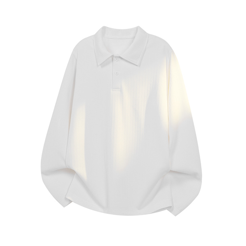 Wrinkled Texture White Polo Shirt For Men, Long-sleeved, New Spring Style, Solid Color, Simple Base Shirt, Large Size,_voghion.com