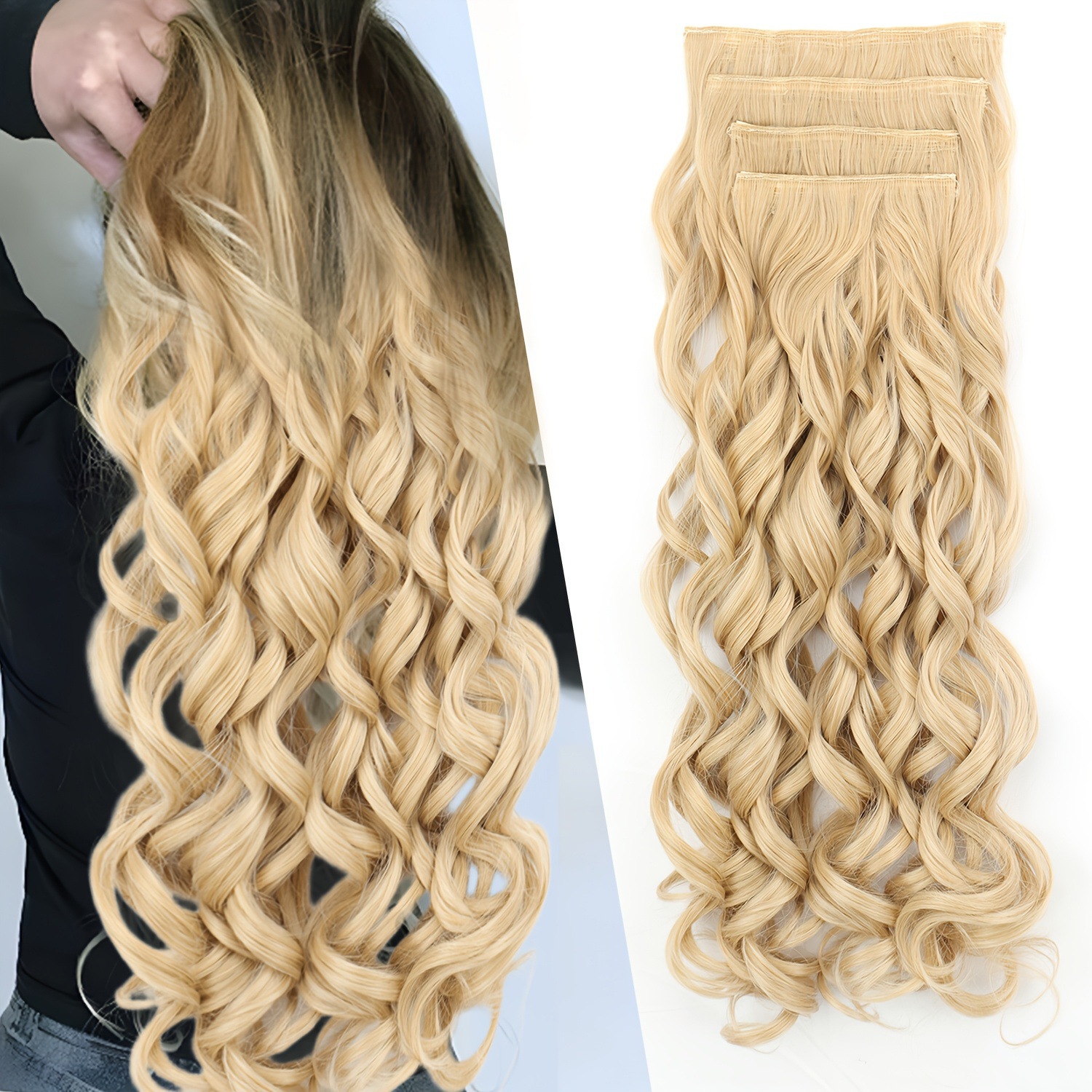 Extensiones de cabello de fibra química de damas europeas y americanas 4 piezas de cabello largo rizado retrógrado estilo de la República Popular de la Peruca romana
