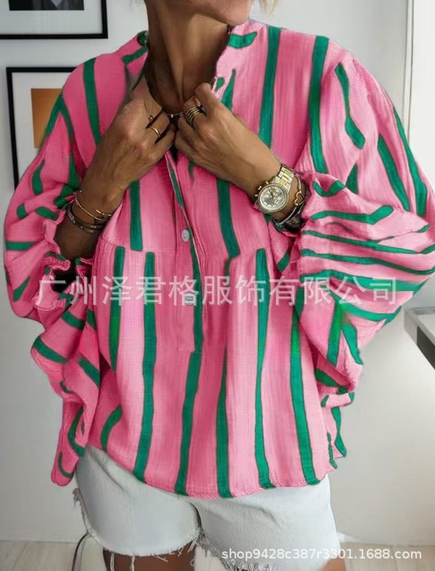 2025款亚马逊热销独立站新款女士V领印花条纹泡泡袖时尚休闲|undefined