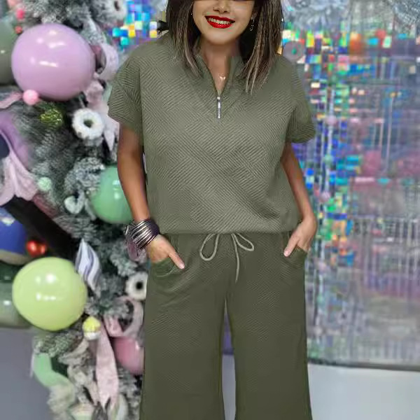 European and American solid color texture casual suit women's cross-border Fashion Women's Sports loose zipper short sleeve trousers suit women