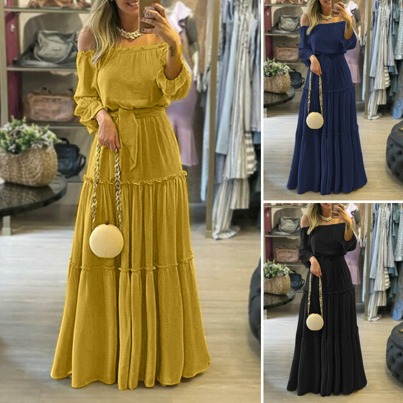 Women's Pleated Skirt Casual Fashion Boat Neck Splicing Ruffles Folds Long Sleeve Solid Color Maxi Long Dress Holiday Daily display picture 2