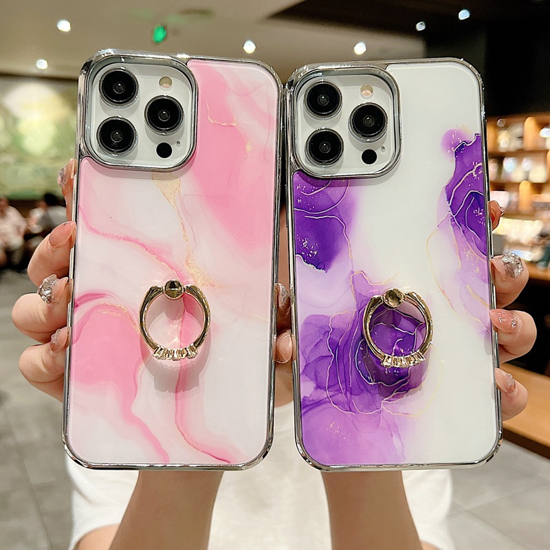 Phone Case For Iphone 15 Pro Max Marble Electroplated Ring Holder_voghion.com
