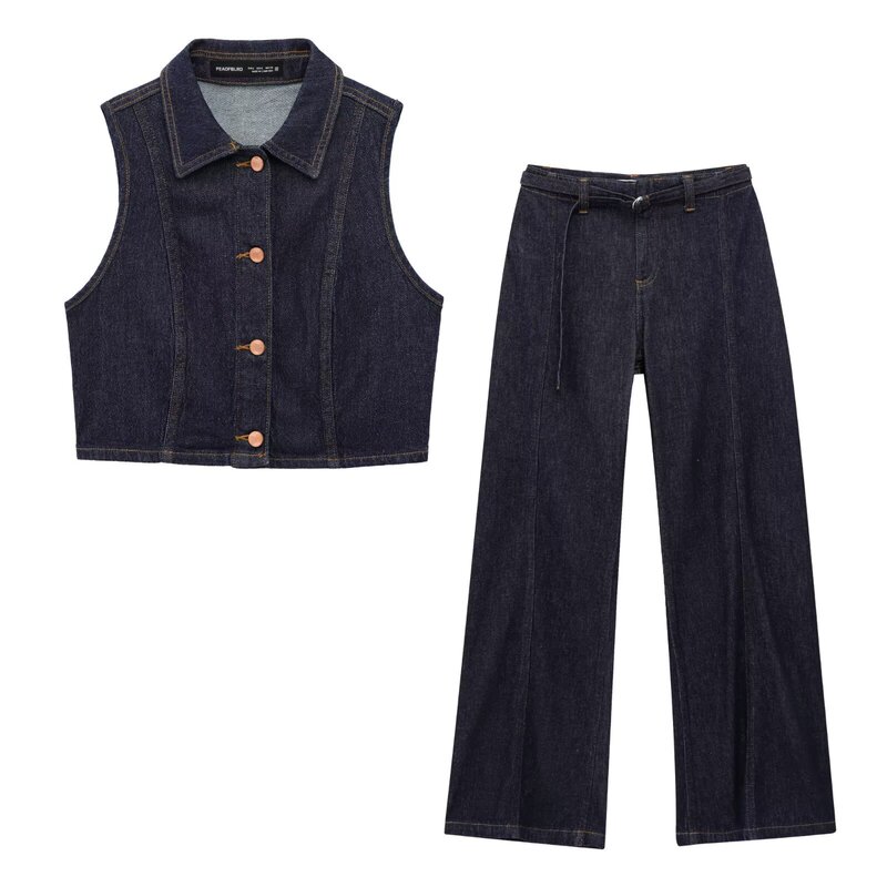 Foreign trade wholesale spring new European and American style Denim vest with belt horn jeans retro spring and autumn suit