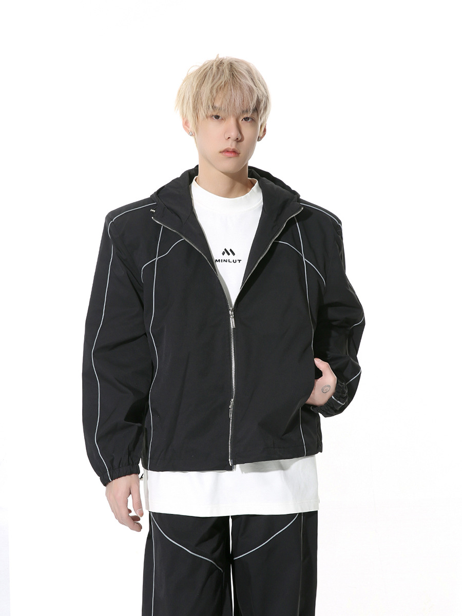 Mtlclothes ropa de Hombre | 2024 primavera nuevo nicho diseño línea brillante reflectante chaqueta con capucha traje moda