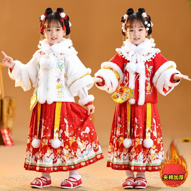 汉服萝卜兔女童冬季加绒加厚唐装儿童半袖日常宝宝 拜年服装