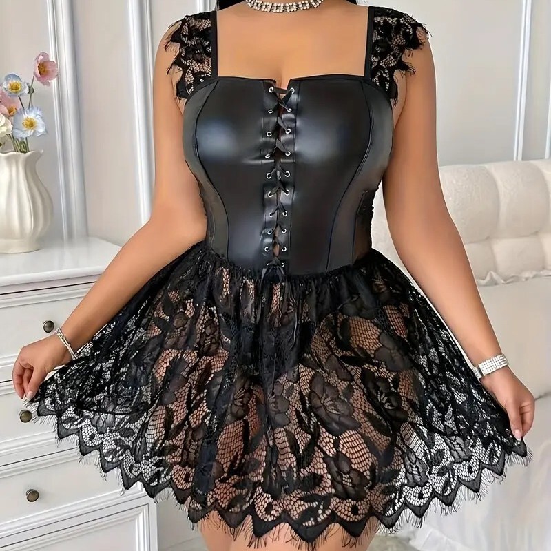Plus Size Lace Splicing Leather Corset European and American Sexy Palace Corset Dress Sexy Lingerie Suspender Skirt Tight
