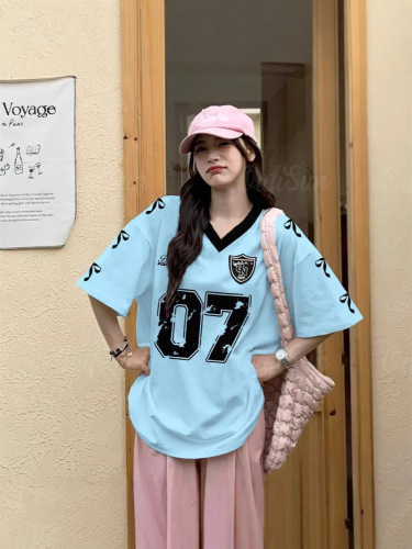 American-style high street casual sports baseball collar contrasting color short-sleeved long-sleeved T-shirt women's summer loose-fitting printed half-sleeved top