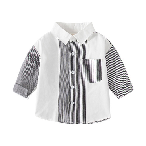 Spring Children's Color Block Casual Shirt, Collared Cool Long-Sleeved Shirt, Grey Striped Boys' Fashion Shirt