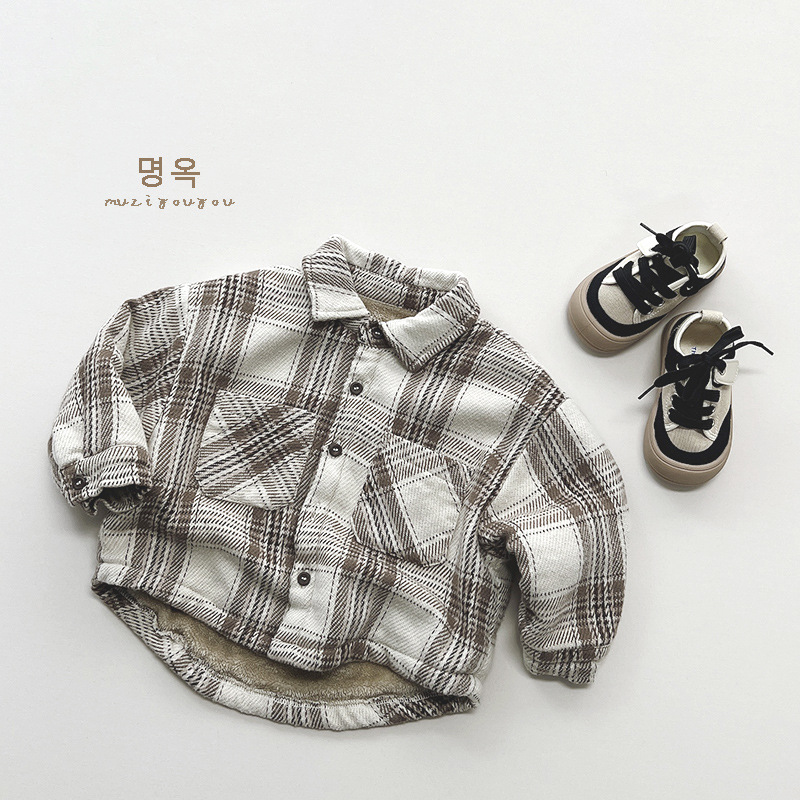 文艺范男童格子加绒衬衫冬季新女童韩版复古上衣外套中小童潮童装