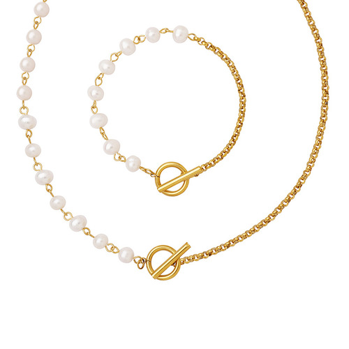 Exquisite ins style fashionable freshwater pearl OT buckle bracelet necklace jewelry set titanium steel gold-plated P649-E171