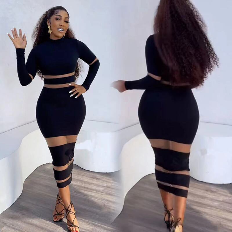 European and American style slim fit long autumn and winter dress 2024 new sexy mesh stitching high waist foreign trade dress women