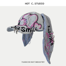 甜酷辣妹涂鸦兔子棒球帽街头立体耳朵设计感可爱鸭舌帽百搭显脸小