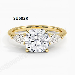 Three Stone 9k10k14k18k Gold Pillow-shaped Cultivation Diamond Ring Women's 1 karat Wedding Diamond Ring Hot Cross-border Foreign Trade